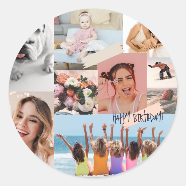 Modern photo collage Happy birthday Cute Classic Round Sticker (Front)
