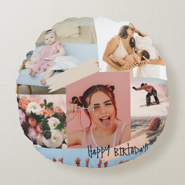 Modern photo collage Happy birthday Cute Round Cushion (Front)