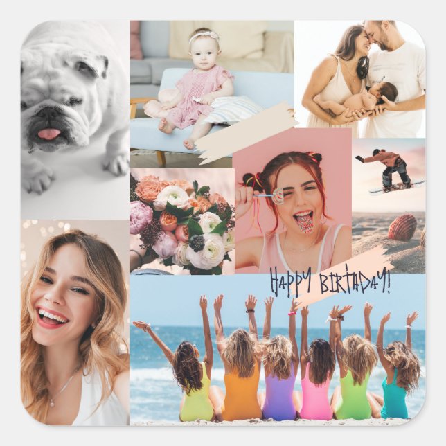 Modern photo collage Happy birthday Cute Square Sticker (Front)
