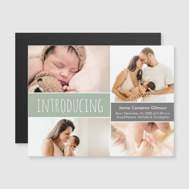 Modern Photo collage Introducing Green Baby Boy Magnetic Invitation (Front/Back)