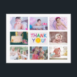 Modern Photo Collage Kids Birthday Thank You Postcard<br><div class="desc">Colourful kids thank you postcard. Design features of 8 photos collage and colourful thank you in the middle. Aadd your message and address on the back. To edit this template click customise further.</div>