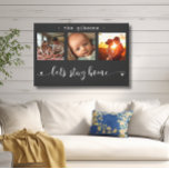 Modern Photo Collage Let's Stay Home Canvas Print<br><div class="desc">This stunning canvas wall art features a beautiful three-frame photo collage showcasing cherished memories, adorned with the heartfelt message, "Let's Stay Home." The elegant black and white design, combined with exquisite script and print typography, creates a sophisticated and enduring piece that will complement any interior style. Personalise it with your...</div>