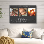 Modern Photo Collage Love Grows Here Canvas Print<br><div class="desc">This stunning canvas wall art features a beautiful three-frame photo collage showcasing cherished memories, adorned with the heartfelt message, "Love Grows Here." The elegant black and white design, combined with exquisite script and print typography, creates a sophisticated and enduring piece that will complement any interior style. Personalise it with your...</div>