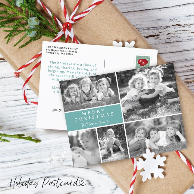 Modern Photo Collage Merry Christmas Holiday Postcard (Modern Photo Collage Merry Christmas Holiday Postcard)
