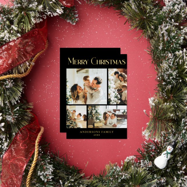 Modern Photo Collage Minimal Black Merry Christmas Foil Holiday Card (Insitu)
