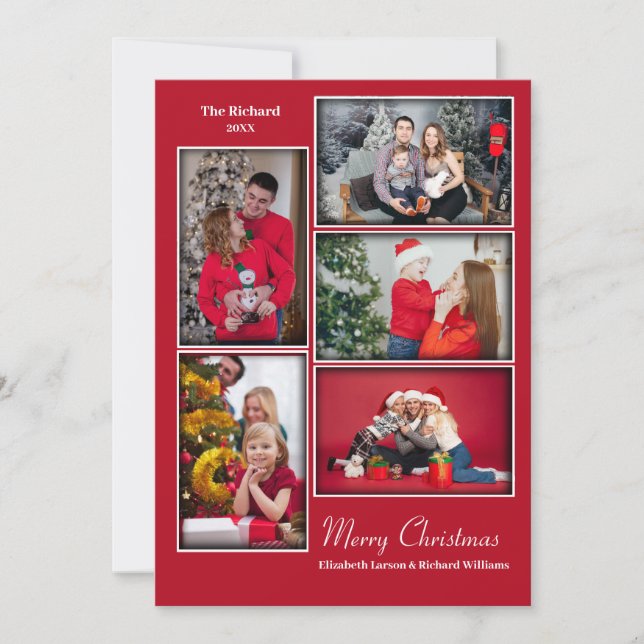 Modern Photo Collage Minimal Red Christmas Holiday Card (Front)