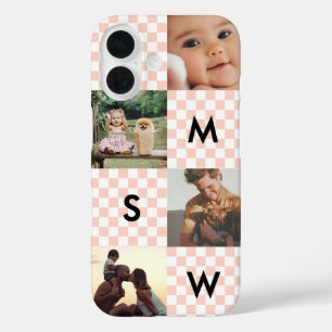 Modern Photo Collage Monogram Chequerboard Pink iPhone 16 Case