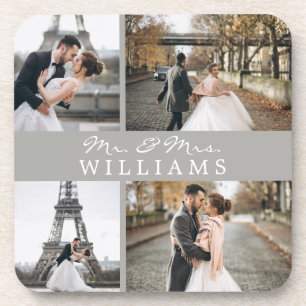 Modern Photo Collage Monogram Newlyweds Grey Coaster