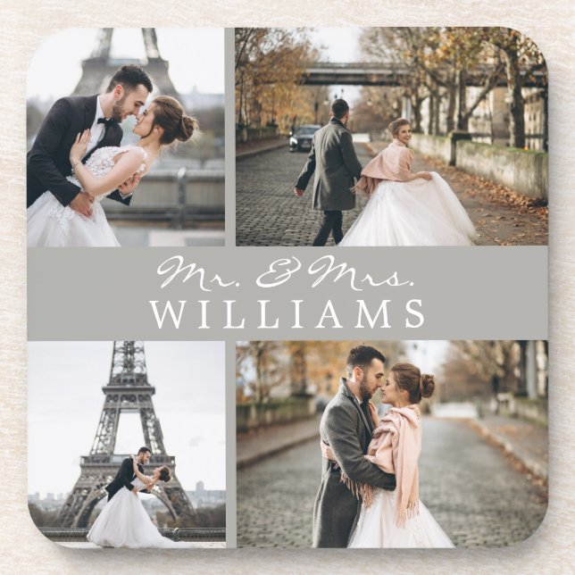 Modern Photo Collage Monogram Newlyweds Grey Coaster (Front)