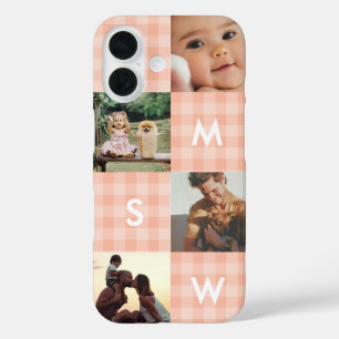 Modern Photo Collage Monogram Pink Gingham iPhone 16 Case