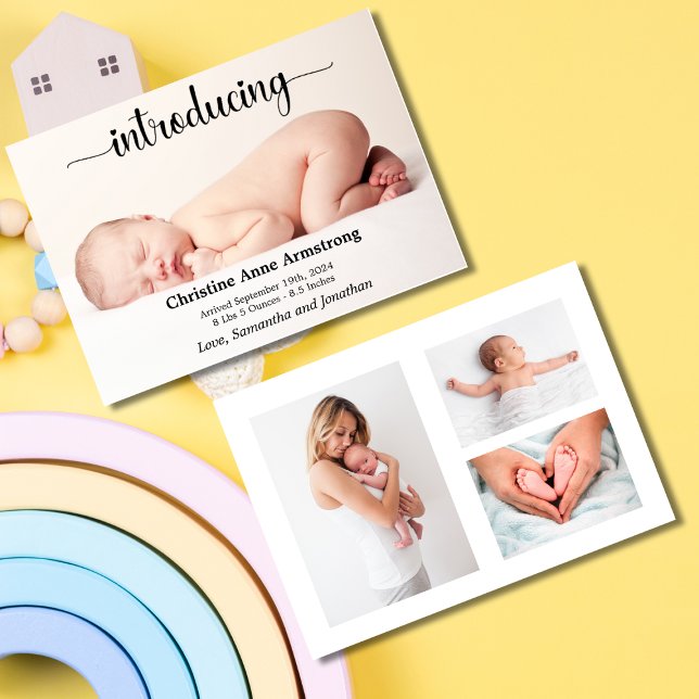 Modern Photo Collage Name Birth Announcement Card (Creator Uploaded)