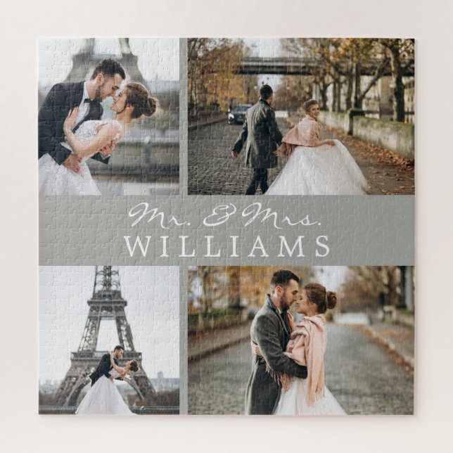 Modern Photo Collage Newlyweds Monogram Grey Jigsaw Puzzle (Vertical)