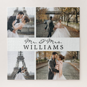 Modern Photo Collage Newlyweds Monogram White Jigsaw Puzzle