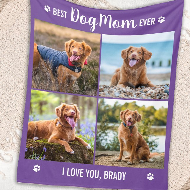Modern Photo Collage Personalised DOG MOM Pictures Fleece Blanket (Creator Uploaded)