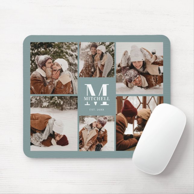 Modern Photo Collage Personalised Monogram Green Mouse Mat (With Mouse)