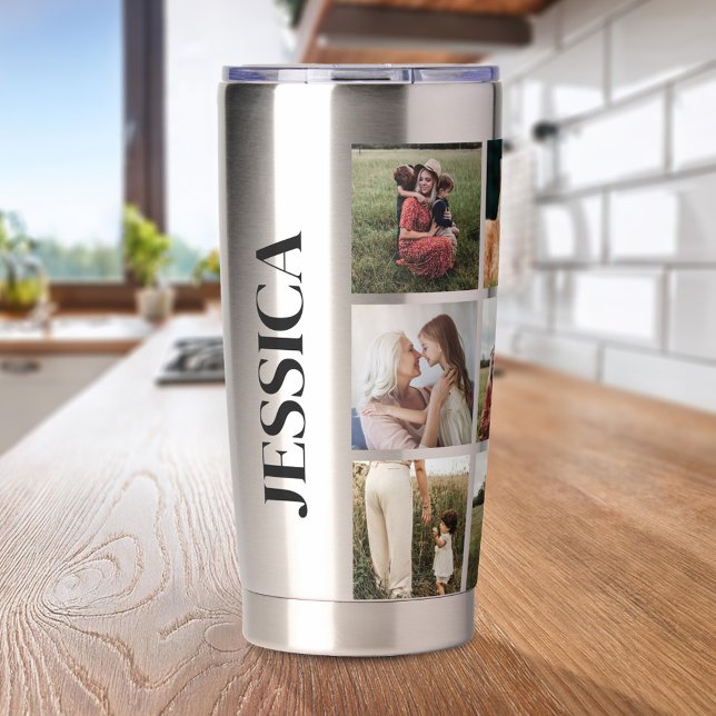 Modern Photo Collage Personalised Name Insulated Tumbler (Creator Uploaded)