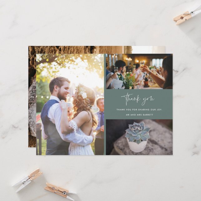 Modern Photo Collage Pine Green Wedding Thank You (Front/Back In Situ)