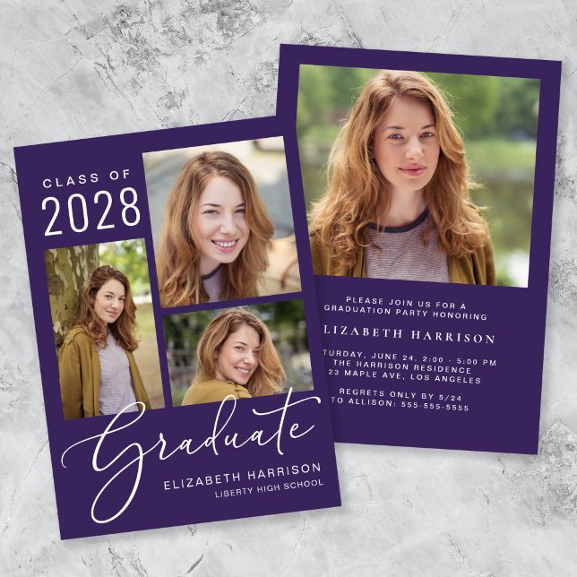 Modern Photo Collage Purple Graduation Party Invitation (An elegant photo collage graduation party invitation to celebrate the graduate's achievements)