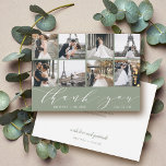 Modern Photo Collage Sage Green Thank You Card<br><div class="desc">This elegant thank you card feature 8 photos with "thank you" in calligraphy script along with couple names and wedding date.</div>