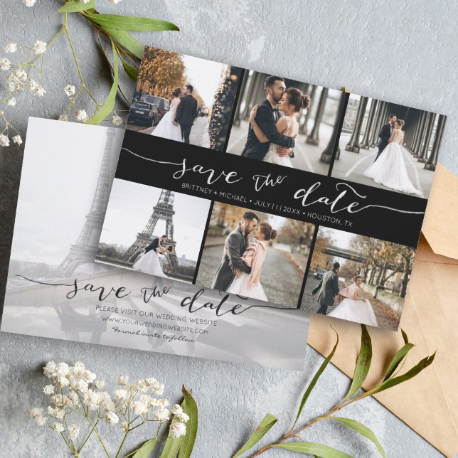 Modern Photo Collage Save the Date Black (Modern Save the Date card featuring 6 photos and a hand lettered font for a minimalistic design.)