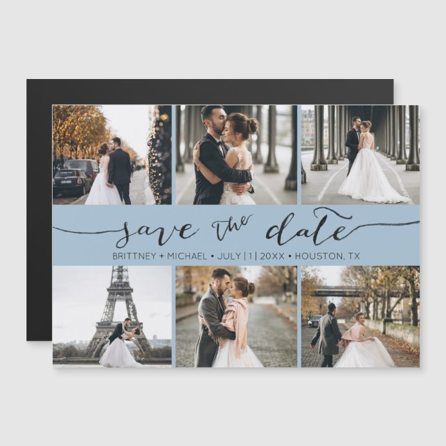 Modern Photo Collage Save the Date Dusty Blue (Front/Back)