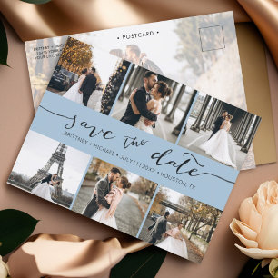 Modern Photo Collage Save the Date Dusty Blue Announcement Postcard