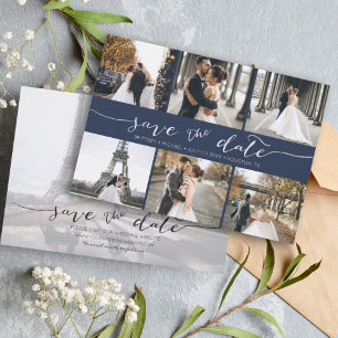 Modern Photo Collage Save the Date Navy Blue