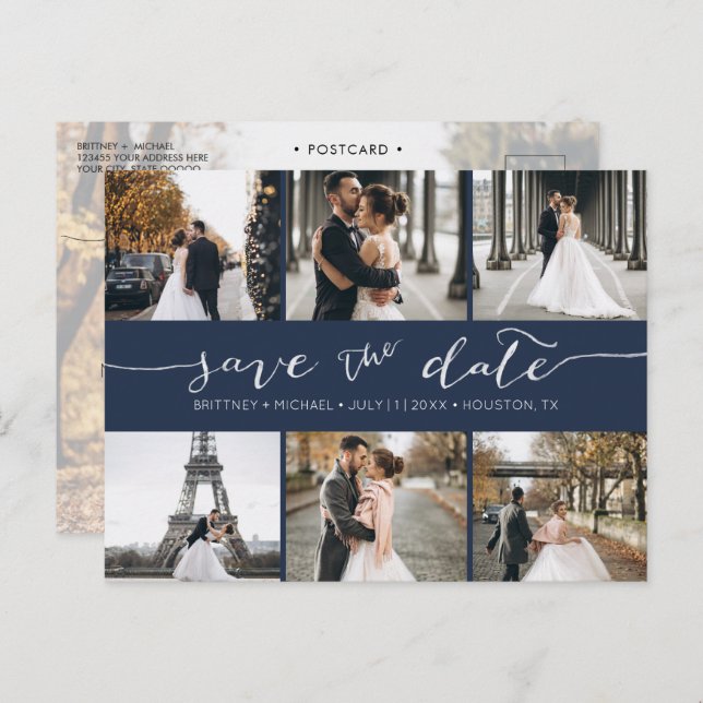 Modern Photo Collage Save the Date Navy Blue Announcement Postcard (Front/Back)