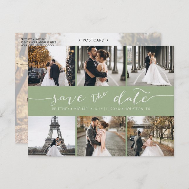 Modern Photo Collage Save the Date Sage Green Announcement Postcard (Front/Back)