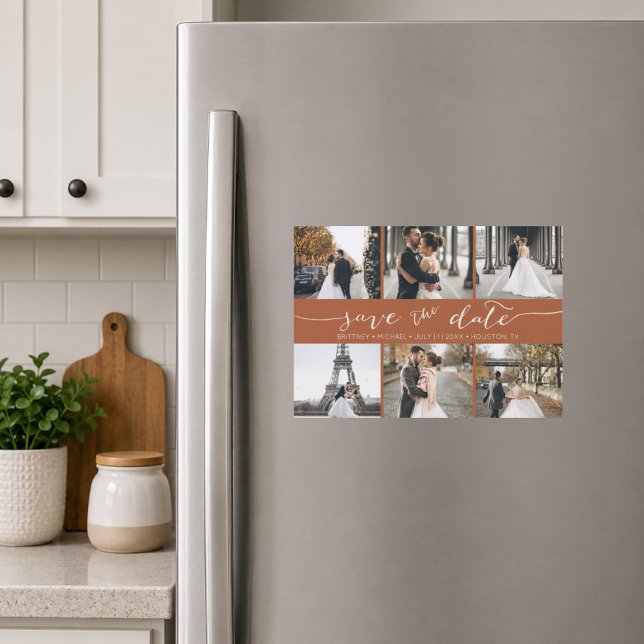 Modern Photo Collage Save the Date Terracotta (Warm terracotta six photo save the date magnet featuring elegant handwritten script typography)