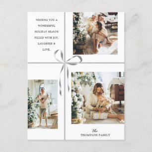 Modern Photo Collage Silver Box Ribbon Christmas Holiday Postcard
