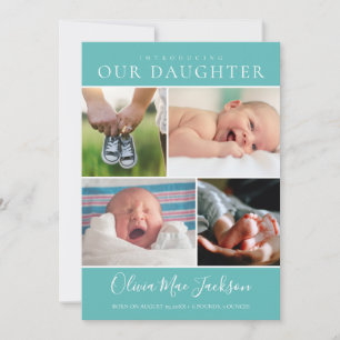Modern Photo Collage Teal Baby Girl Birth Announcement