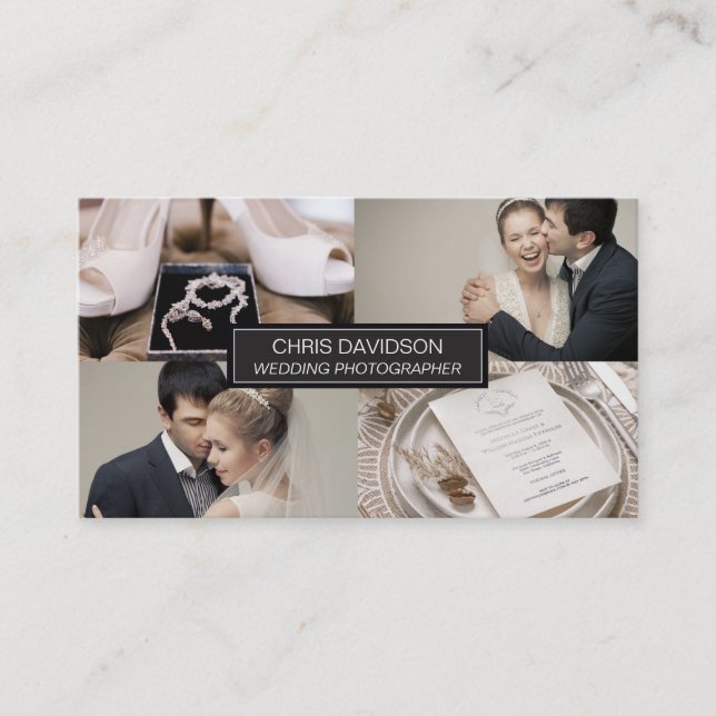 Modern Photo Collage Template Wedding Photographer Business Card (Front)