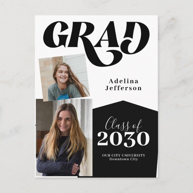 Modern photo collage typography black graduation a announcement postcard (Front)