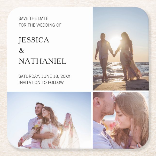Modern Photo Collage Wedding Save the Date Square Paper Coaster (Front)
