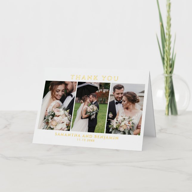 Modern Photo Collage Wedding Thank You Foil Greeting Card (Front)