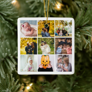 Modern Photo Collage What a Year Monogram White Ceramic Ornament