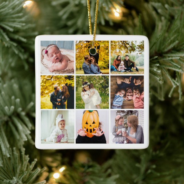 Modern Photo Collage What a Year Monogram White Ceramic Ornament (Tree)