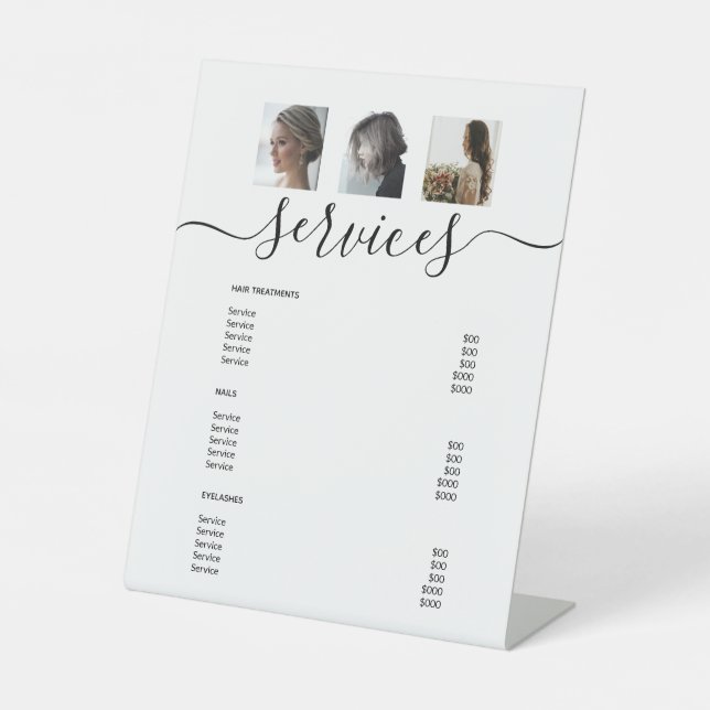 Modern Photo Collage White Spa Salon Service Menu Pedestal Sign (Front)
