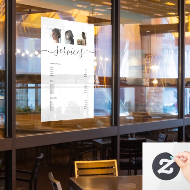 Modern Photo Collage White Spa Salon Service Menu Window Cling (Restaurant Window)