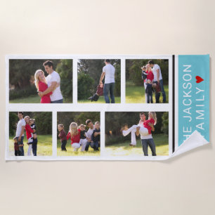 Modern photo collage with six photos blue beach towel
