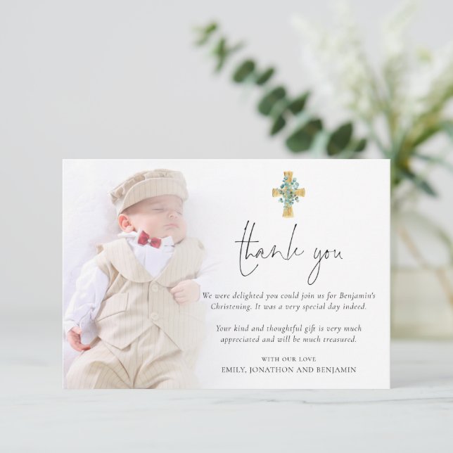 Modern Photo Cross Christening Baptism Thank You Card (Standing Front)