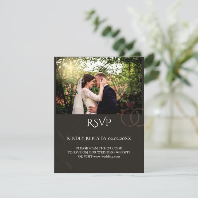 Modern photo customizable black  wedding  RSVP card (Standing Front)