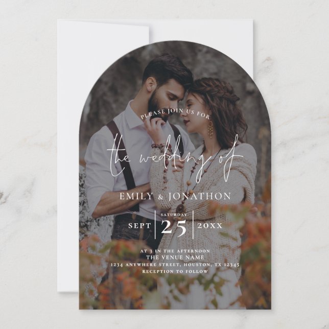Modern Photo Dark Overlay Script Arch Wedding Invitation (Front)