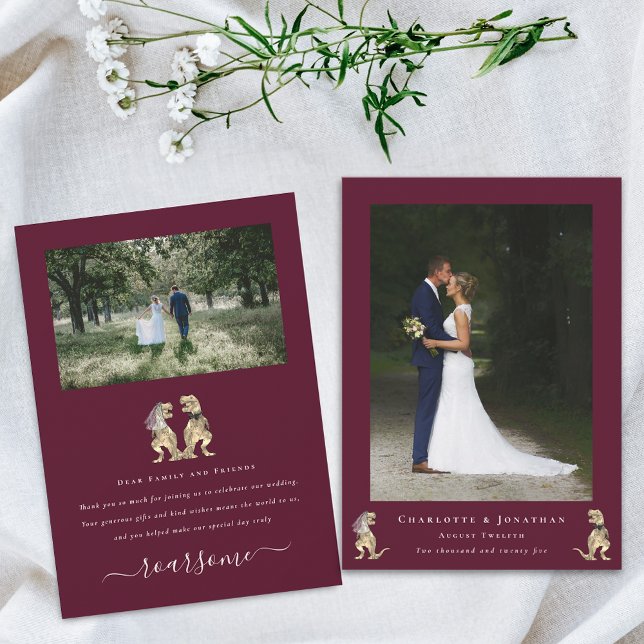 Modern Photo Dinosaur Theme Wedding Burgundy Cream Thank You Card (Dinosaur theme wedding photo thank you burgundy and cream flat card T-Rex dino bride and groom)
