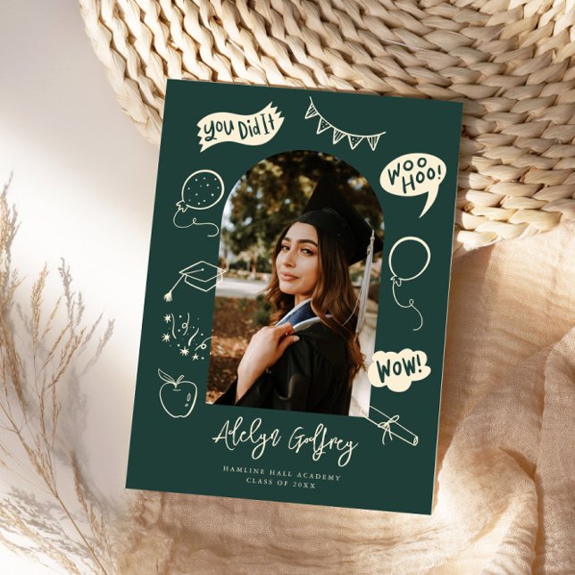 Modern Photo Doodle Graduation Green Announcement (Creator Uploaded)
