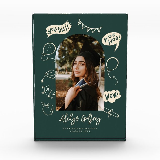 Modern Photo Doodle Graduation Green Keepsake Block (Front)