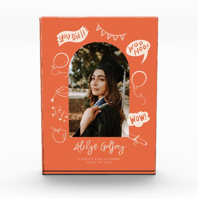 Modern Photo Doodle Graduation Orange Keepsake Block (Front)