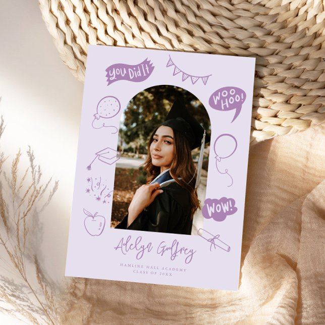 Modern Photo Doodle Graduation Purple Announcement (Creator Uploaded)