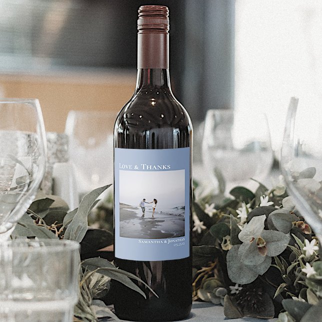 Modern Photo Dusty Blue Love & Thanks Wedding Wine Label (Creator Uploaded)